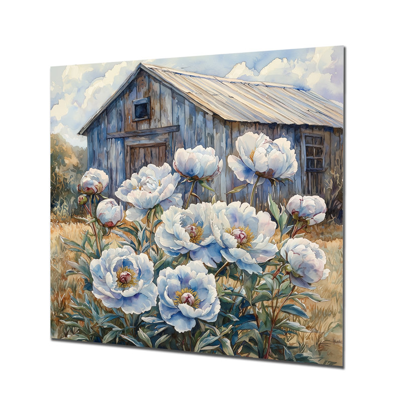 Acier bleu pivoines par la remise II - pivoines, impression sur métal, H 36 po x l 36 po