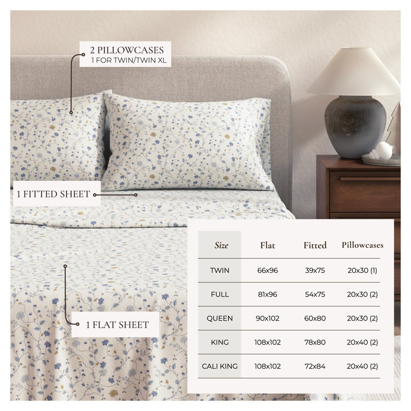 Ensemble de draps 100% flanelle de coton, Ensemble de draps pour lit simple avec 1 taie d'or