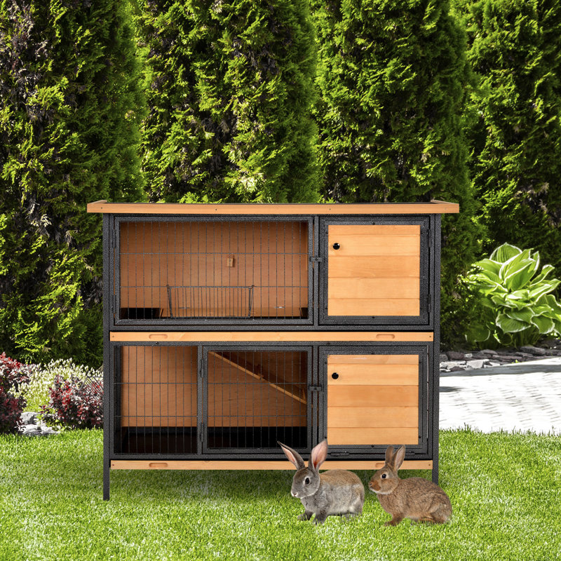 Cage à lapins 48 po avec structure en métal et bois massif, toit imperméable, plateau sans fuites, rampe d'accès facile en bois pour rampe 2, spacieuse