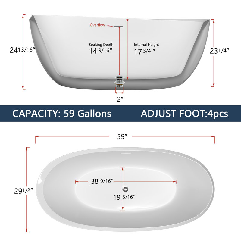 Freestanding Bathtub 59 in. White Contemporary Stand Alone Extra Deep Wide Soaking Tub with Center Drain