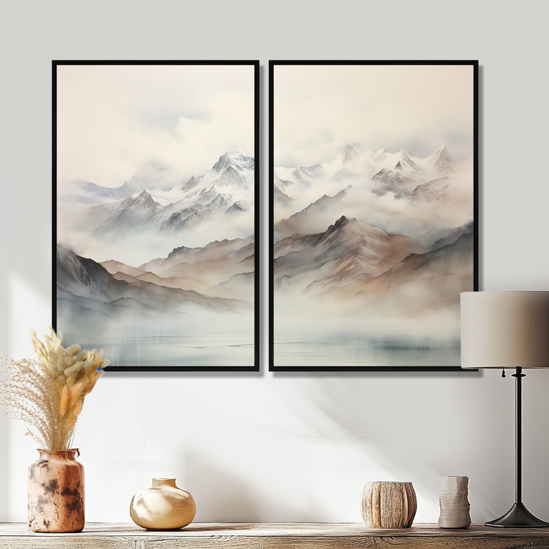 «Morning Fog Mountain Wonder IV», art mural montagnes, Floater Framed Print without Mat, Black, 36" H x 48" W
