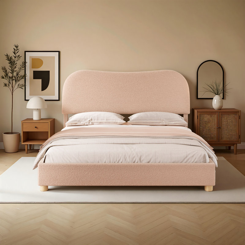 Lit plateforme tapissier Boucle avec tête de lit incurvée et coins arrondis, Très grand, Beige