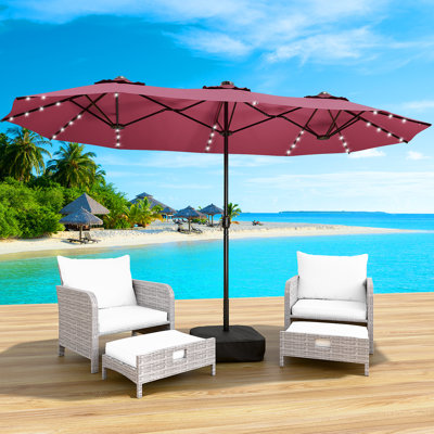 15Ft Large Double-Sided Patio Umbrella With Base & Solar Led Lights - Upf 50+ Uv Protection, Waterproof Fabric For Garden, Backyard & Pool,Red