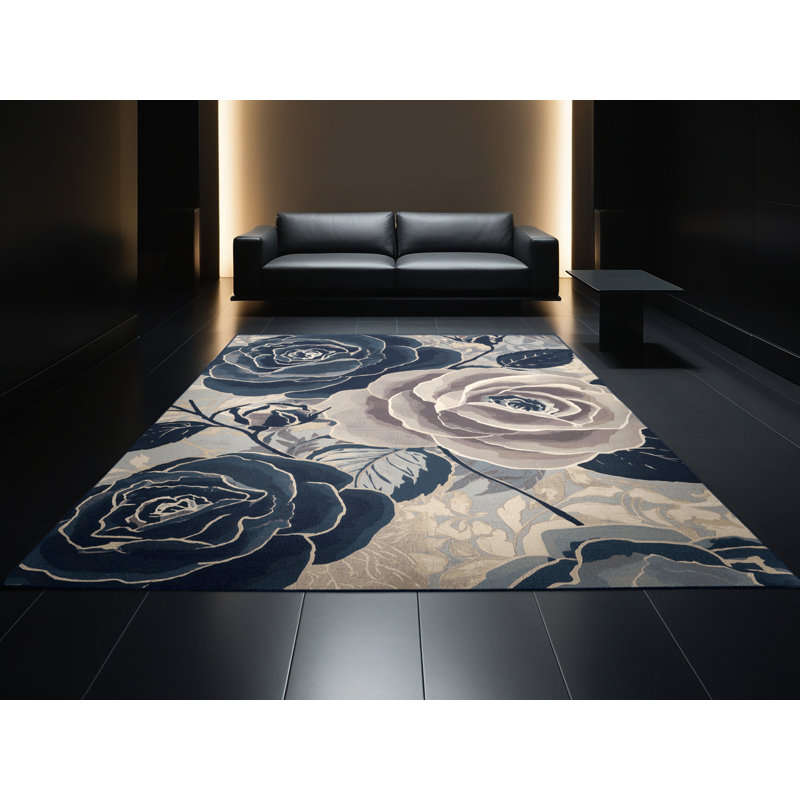 Machine Washable Parrilla Tea Rose French Floral Rug in Beige – Navy Binding, 7x9