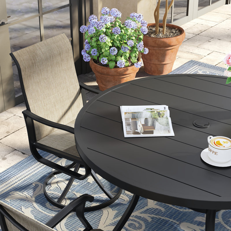 4-Person Round Patio Dining Set With Swivel Textilene Chairs, Black/Brown