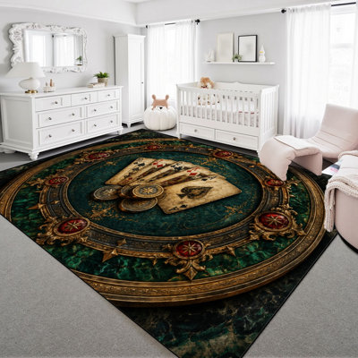 Tapis lavable 240 x 300 cm, motif table de poker vintage, poils courts, envers antidérapant en TPE, cartes à jouer, jetons de casino, doux, pour salon, chambre, salle à manger et bureau.