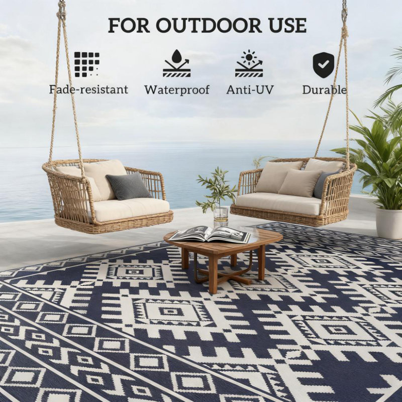 Tapis de patio extérieur en polypropylène réversible 9 pi x 18 pi, tapis de camping portable pliable imperméable avec sac de transport et boucles de fixation de coin