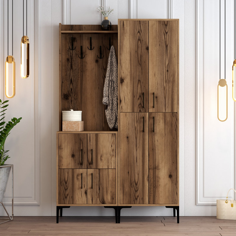 Elegant Hall Stand with Metal Legs, Walnut Finish, 47.2 x 78.7 x 13.8 inches | 100% Melamine Coated Particle Board, Durable Hanging Coat Rack, Multiple Shelves, Wall-Mountable | Perfect for Rustic & Traditional Spaces