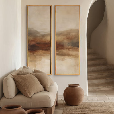 Warm Earth-Tone Abstract Landscape - Set of 2 Framed Wall Art Print on Canvas 60"x30"x2pcs