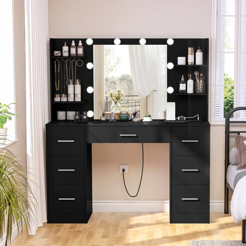 Coiffeuse Camyla avec miroir lumineux à DEL, prise de courant, 7 tiroirs, 4 tablettes, 5 crochets à bijoux, Noir, 7