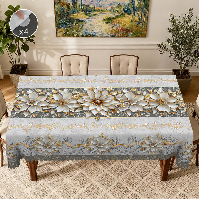 Nappe en polyester lavable à la machine à motif floral gris, L 86,6 po x l 70,8 po