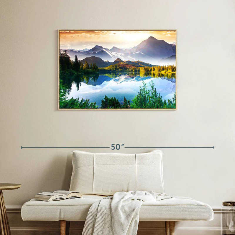 Montagne et lac au lever du soleil, Cadre flottant en bois naturel, 37 po x 25 po