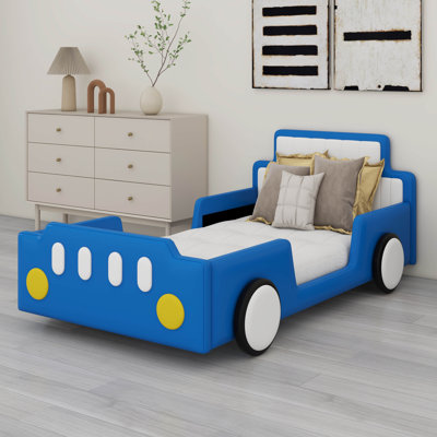 Twin Size Race Car-Shaped Platform Bed Frame For Boys Girls Kids Adults Toddler With Wheels