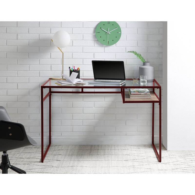 Bureau de 5 mm avec plateau en verre transparent rouge avec rangement à compartiments ouverts