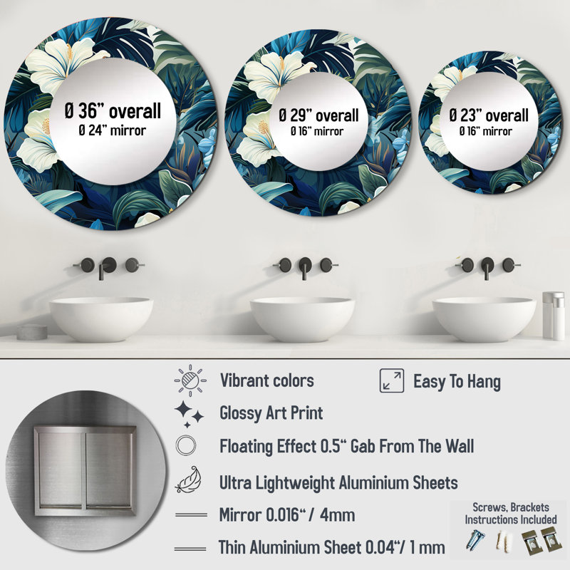 Twilight oasis motif tropical - miroir décoratif tropical, miroir mural rond vert, impression d'art en métal, 29 po x 29 po