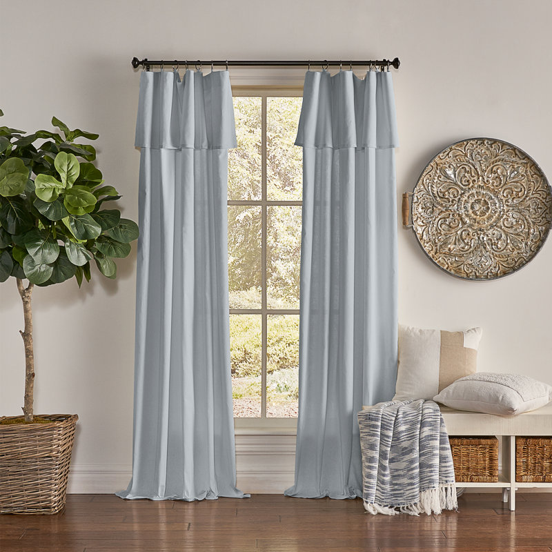 Drop Cloth Curtain Panel, Light Filtering Ring and Tab Top with Attached Valance, 95 in Long x 50 in Wide, Farmhouse Single Window Panel, Bedroom, Living Room and Dining Room, Wave Blue