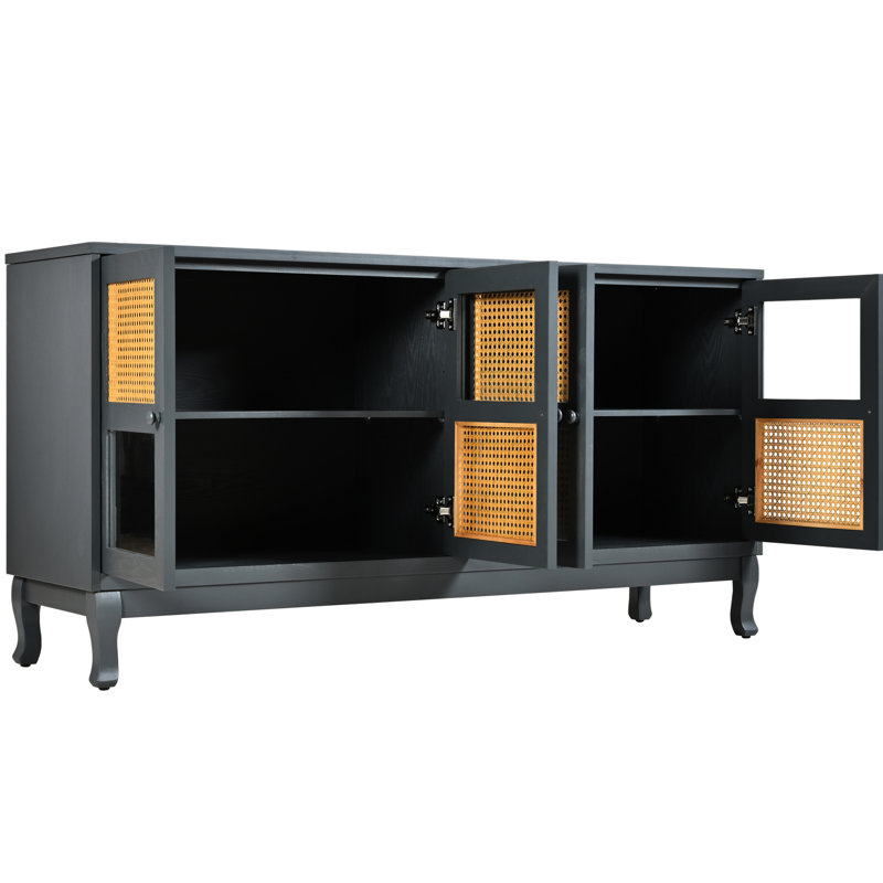 Buffet industriel gris avec rangement abondant - 4 portes rétro. Portes élégantes et vitrées. Idéal pour le vestibule, la salle à manger, la cuisine et le salon. Buffet 4 portes simple à assembler, rangement généreux.