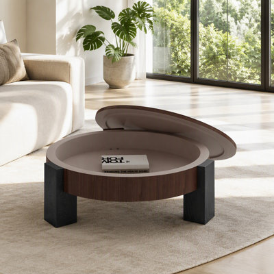 Table basse ronde de 33 po avec rangement dissimulé, plateau de table moderne en placage de bois Wabi-Sabi, table d'appoint centrale robuste à 3 pieds pour le salon, petit espace, noyer et noir