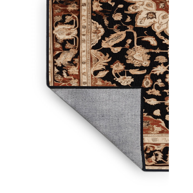Tapis persan noir lavable à la machine, Rond 4 pi