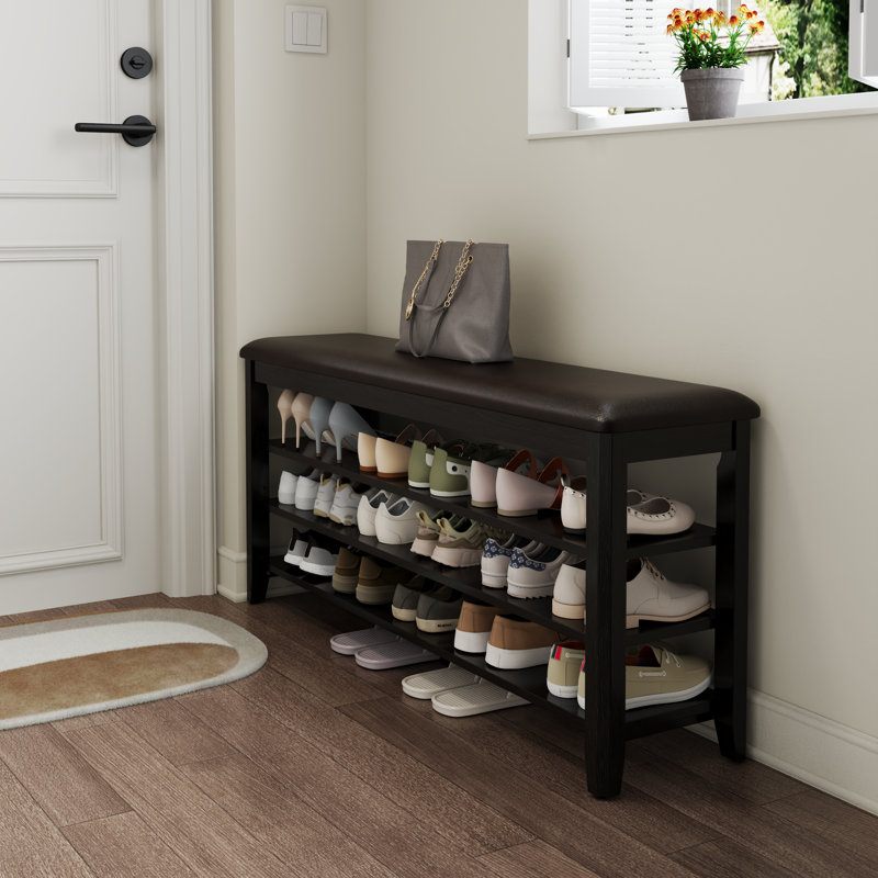 Banc à chaussures en bois massif à 3 niveaux Adryell avec rangement, Noir, H 20,4 po x l 47,2 po x P 11,8 po