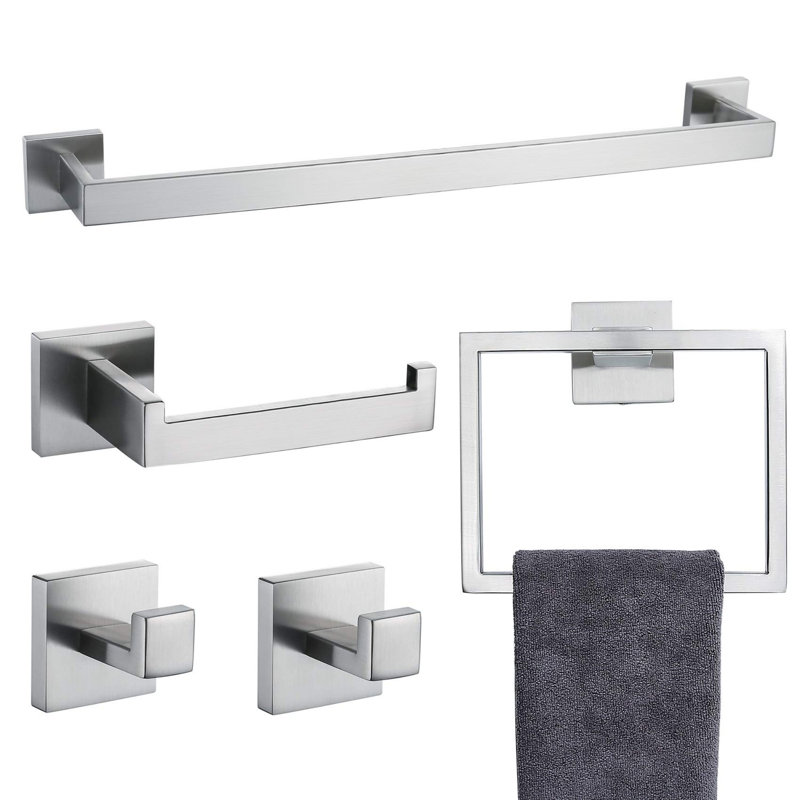 Ensemble 5 pièces de quincaillerie de salle de bain murale, Nickel brossé