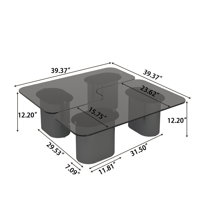 Ensemble de tables basses convertibles à plateau en verre trempé, Gris
