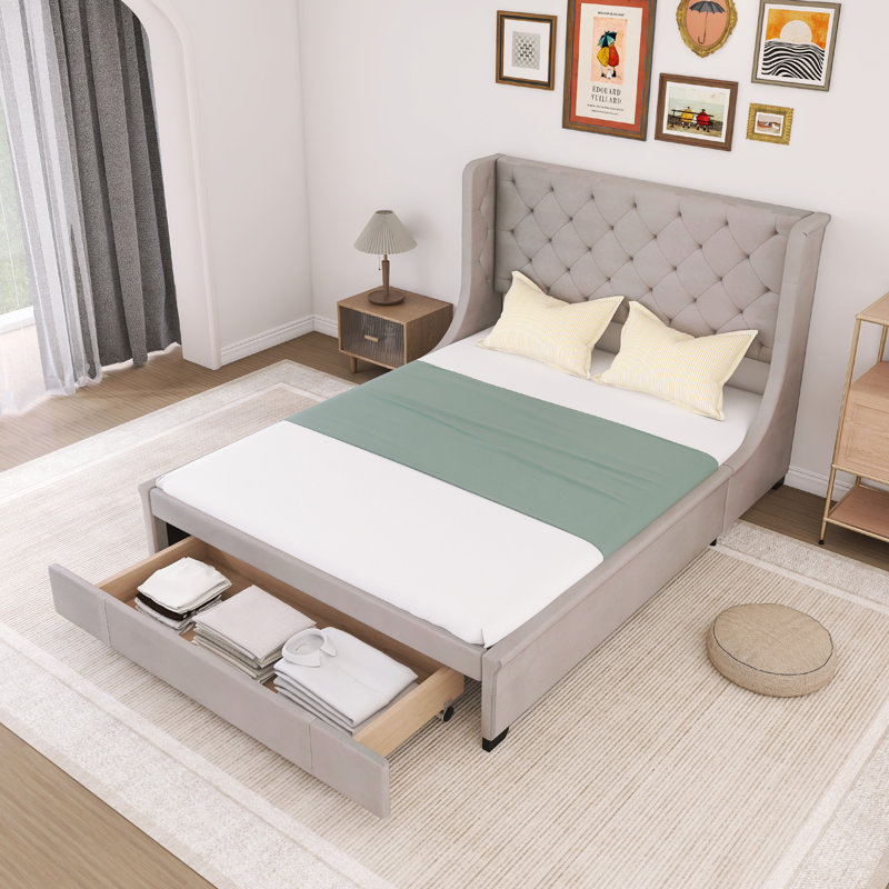 Grand lit avec rangement et grand tiroir, Gris