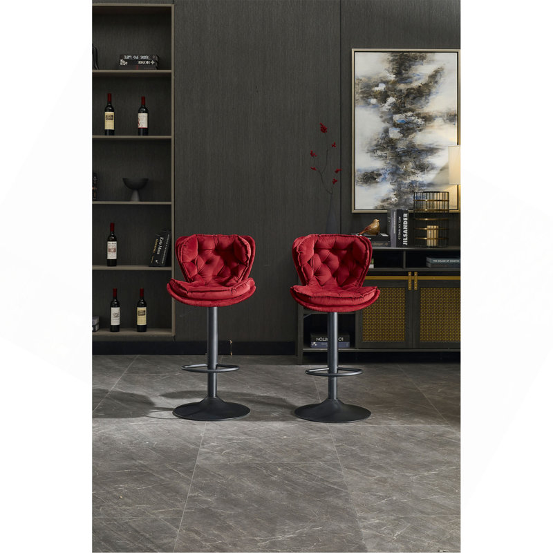Ensemble de 2 tabourets de bar avec repose-pieds en poudre et base pivotante en velours à hauteur réglable et tabouret de bar simple - Rouge