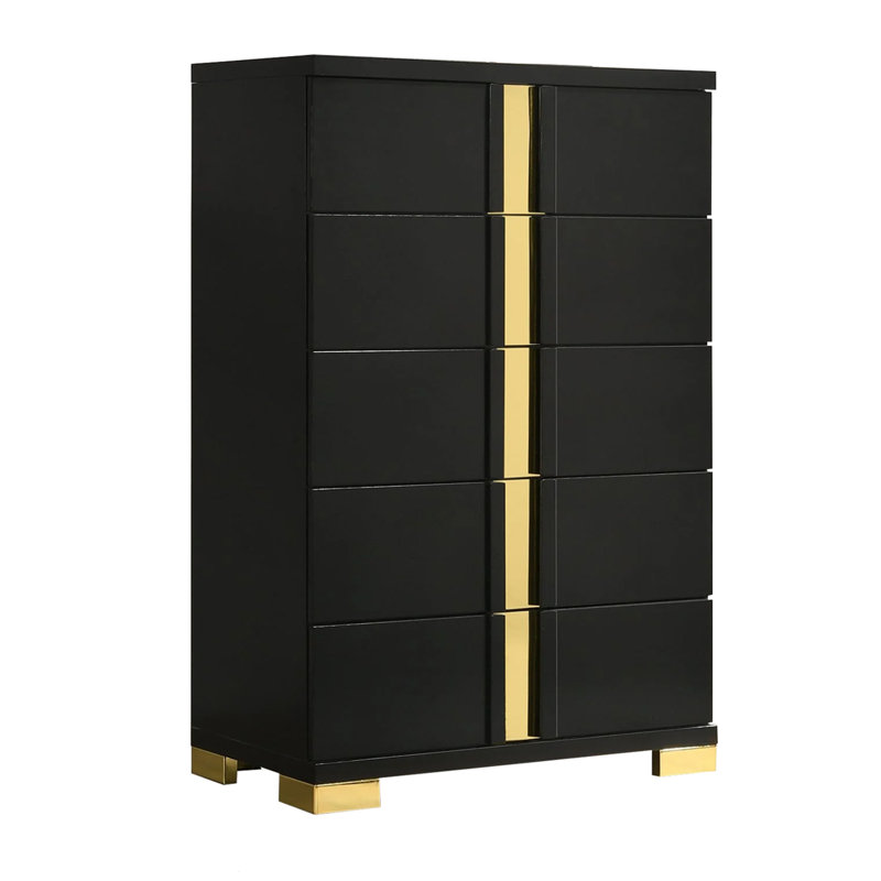 Commode haute Yoki, 5 tiroirs, moderne glam noir et or, Noir et or