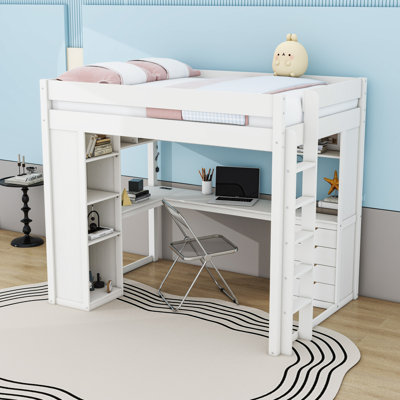 Elegant Loft Bed with LED Light Strip, L-Shaped Desk and Storage Drawers