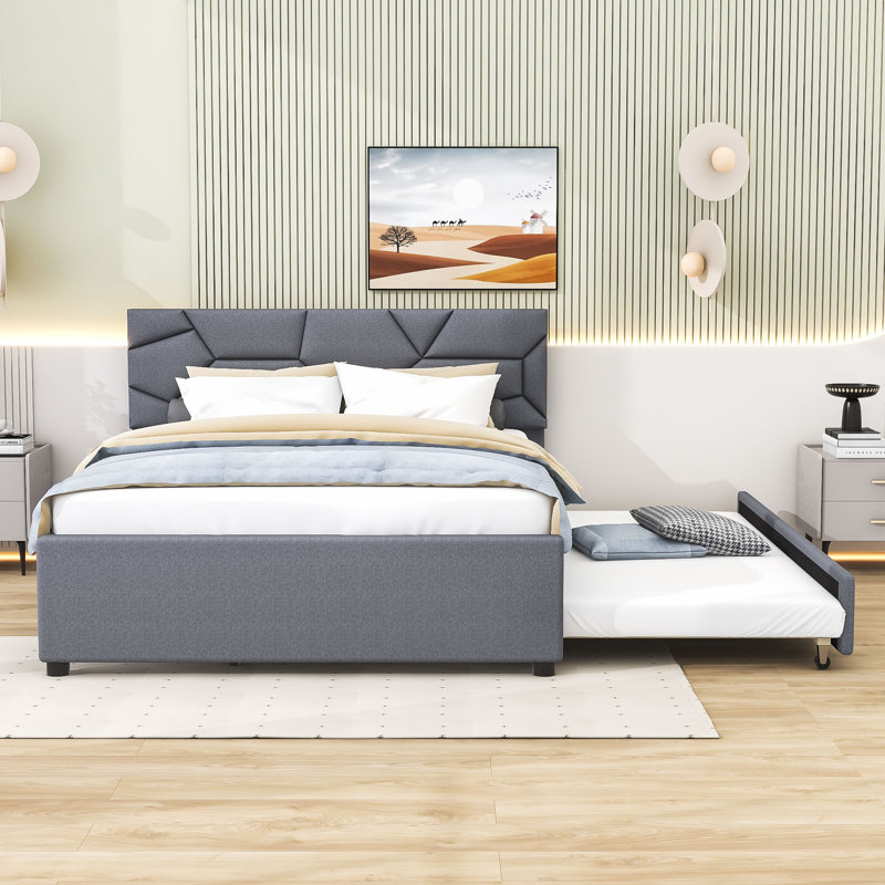 Lit plateforme tapissier avec couchette Elerte, gris, Grand