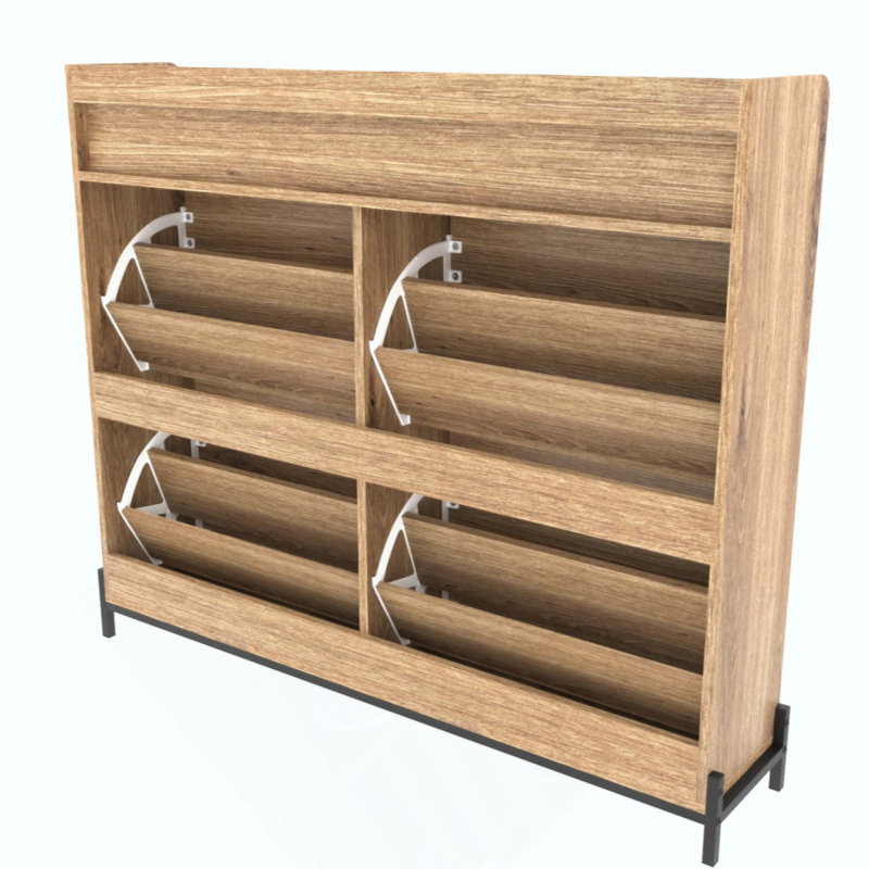 Armoire à chaussures rustique en bois à chevrons avec 4 portes rabattables, conception peu encombrante pour les vestibules modernes et organisés.