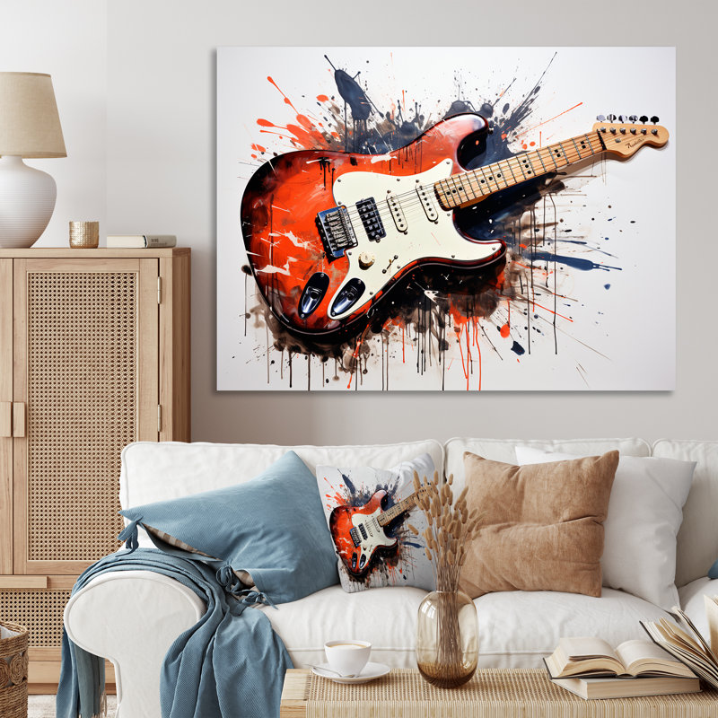 «Red Fluid Brown», guitare, art mural, Toile tendue, H 34 po x l 44 po x P 1,5 po