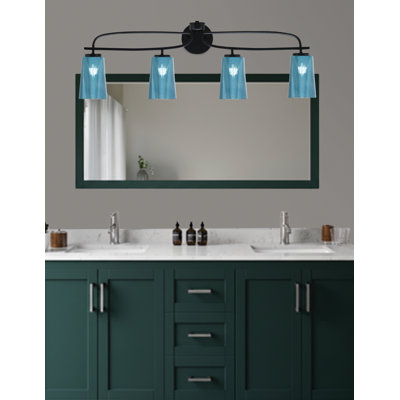 Barre d'éclairage de salle de bain 4 lumières Cavella au fini noir mat avec verre dégradé bleu l 4,5 po x H 6,5 po