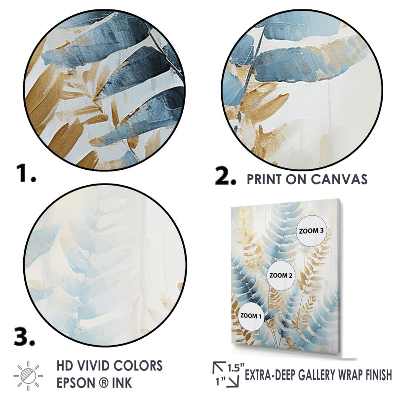 Blue and Golden Ferns Symphony, reproduction d'art sur toile, Cadre simple noir, H 32 po x l 16 po x P 1 po