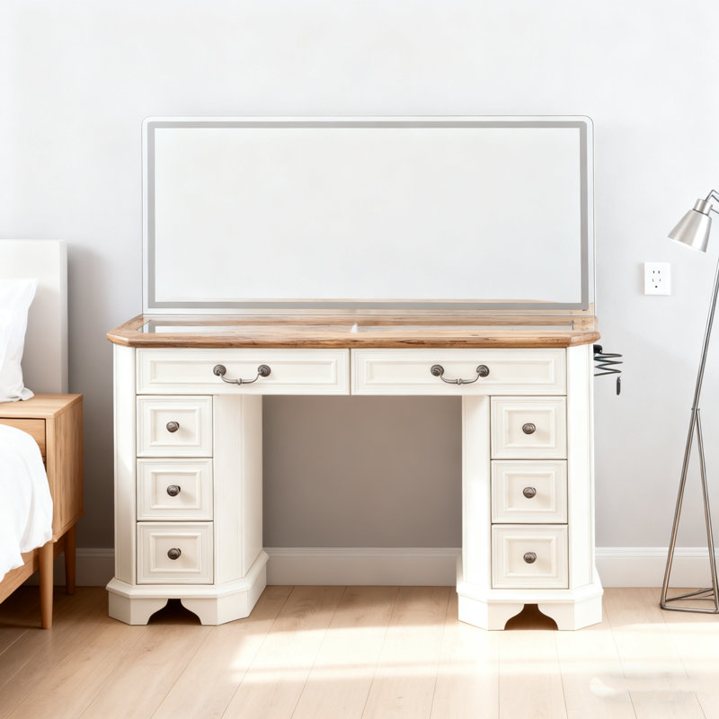 48" Farmhouse Makeup Vanity Desk With Hd Mirror And Lights, Vanity Table With 8 Drawers，With Glass Top And Power For Bedroom