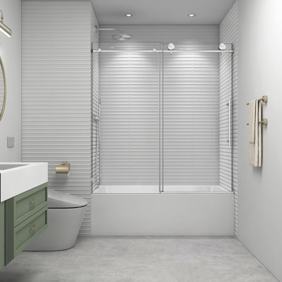 56"-60" W X 63" H Bathtub Soft Closing Sliding Shower Door,water Repellent Frameless Tub Shower Door With 5/16" (8mm) Nano Explosion-proof Film Transparent Glass