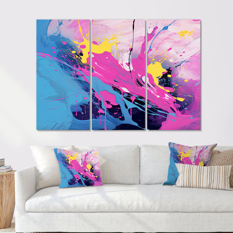 «Pink Blue Paint Splash Pop Art», ensemble d'art mural abstrait, Toile tendue, H 32 po x l 48 po x P 1 po