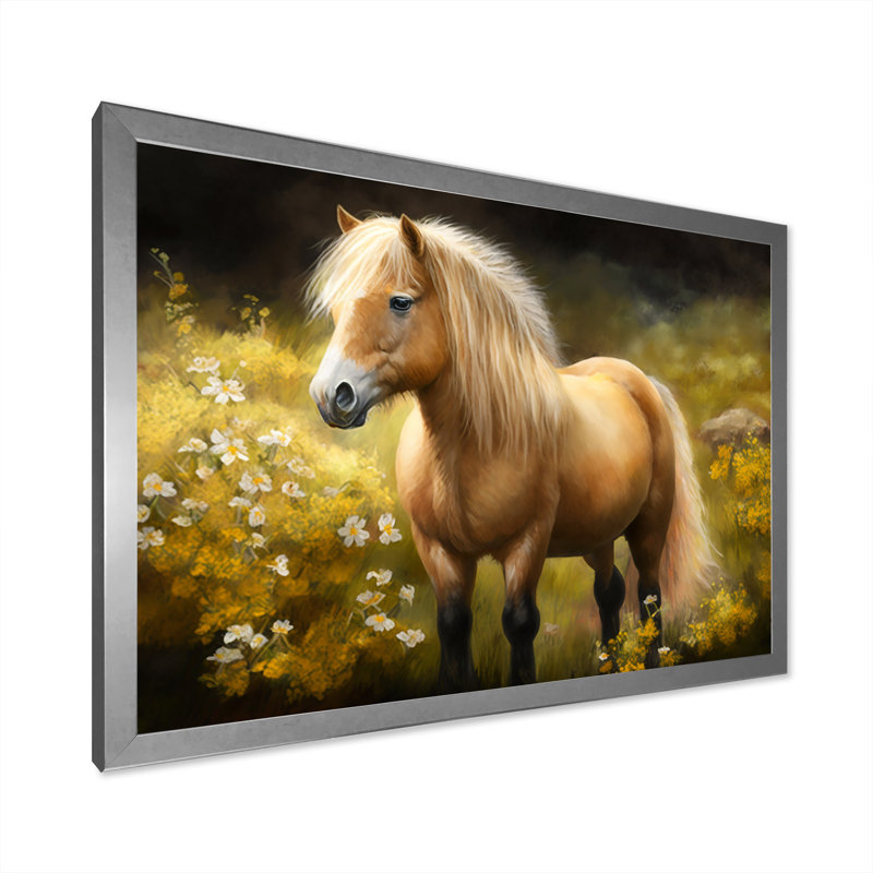 Poney doré dans un pré de fleurs - impression, H 34 po x l 44 po x P 1,5 po, Cadre simple argenté