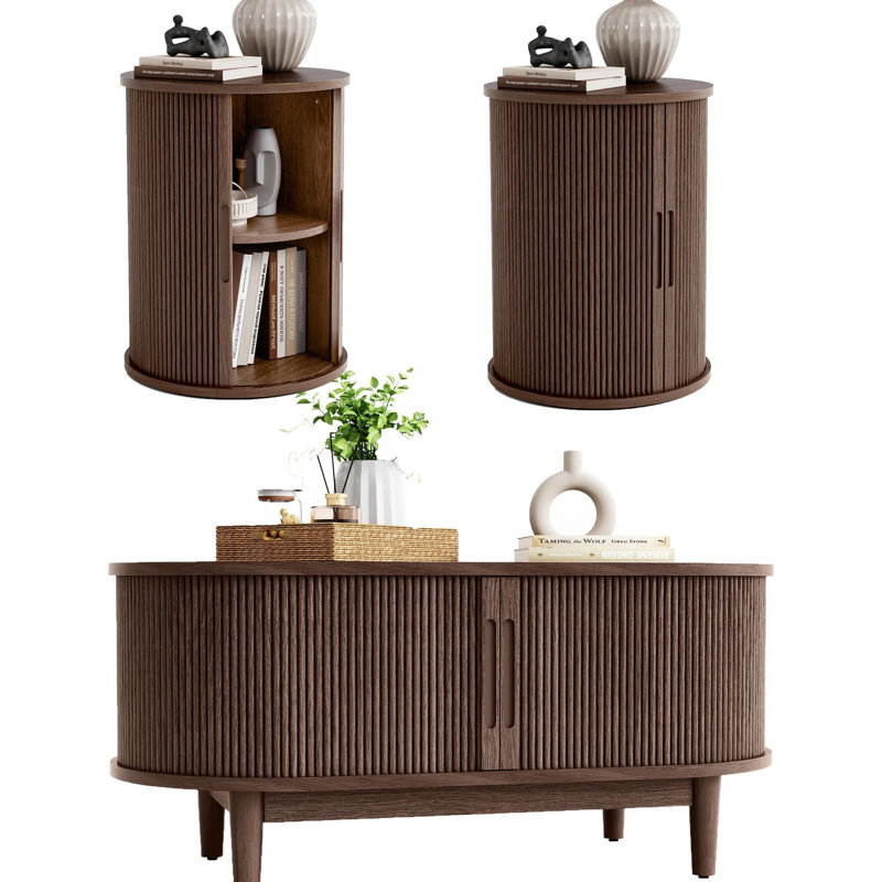 3-Piece Living Room Table Set With 40" Coffee Table And 2 Fluted End Tables, Dark Brown Wood
