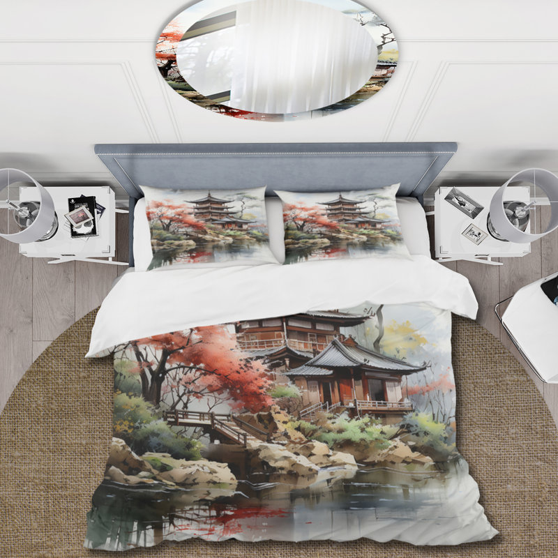 Asian Art Serene Pagoda IV - Ensemble de housse de couette Asian Art - Microfibre de polyester