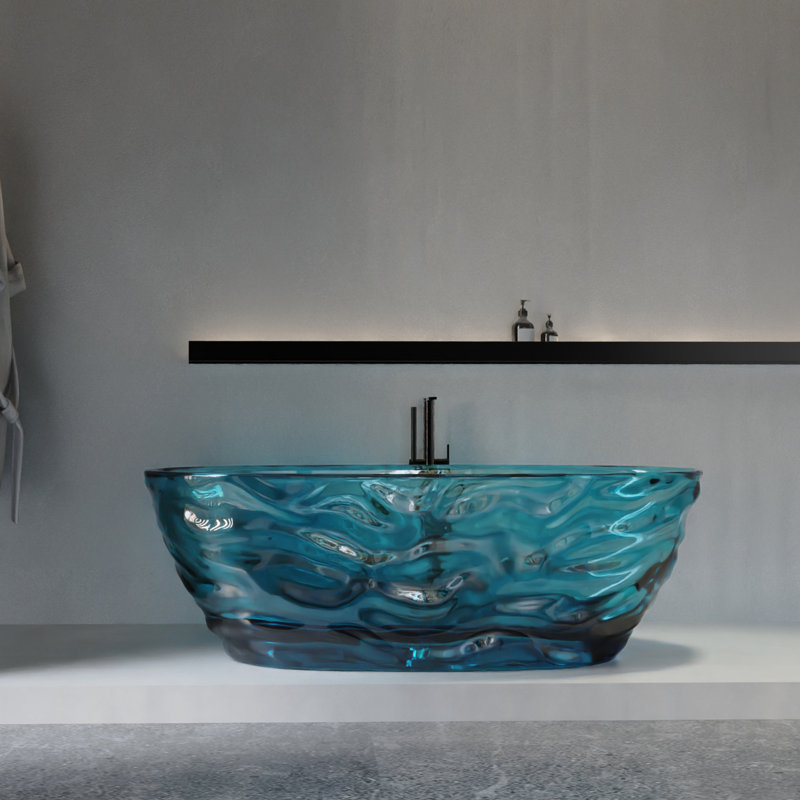 Freestanding Bathtub Solid Surface Resin Soaking Bathtub Transparent, Blue
