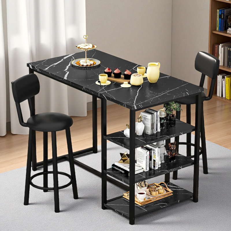 Ensemble de table de bar 3 pièces à hauteur de comptoir avec tablettes de rangement ouvertes à 3 niveaux, ensemble de table de salle à manger avec 2 tabourets rembourrés avec dossier et repose-pieds, ensemble d'îlot de cuisine compact pour petits espaces