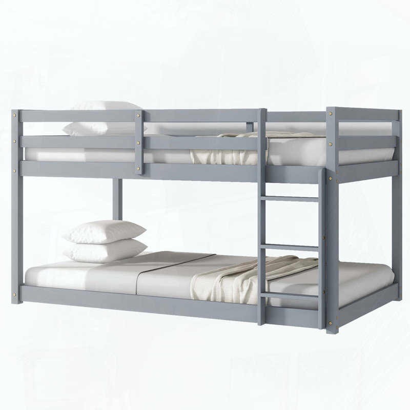 Twin Over Twin Rubber Wood Floor Bunk Bed with Ladder, Gray
