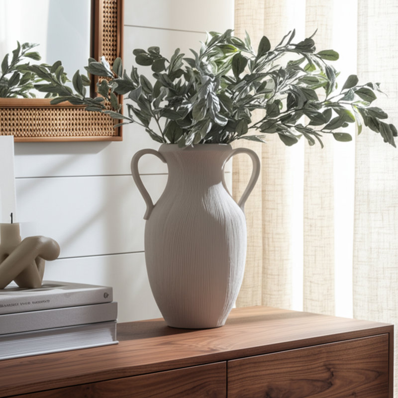 Stoneware Table Vase, White, 15" H x 11" W x 8" D