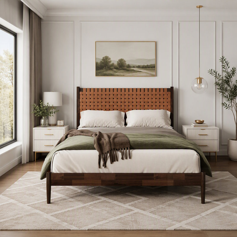Lit plateforme en bois d'acacia massif avec tête de lit en cuir végétalien tissé à la main, style Mid-Century moderne, sans sommier