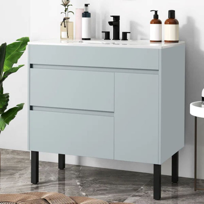 Basant 36'' Free-Standing Bathroom Vanity with Ceramic Top, Gray/Black