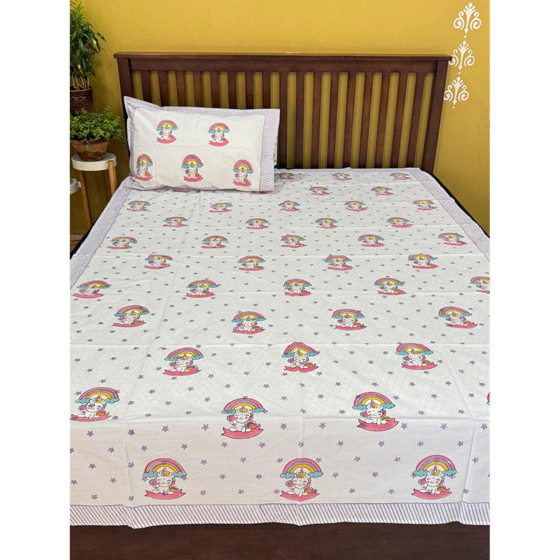 Ensemble de draps en coton avec taies d'oreiller Unicorn World