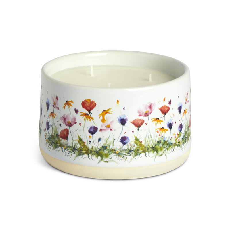 White Ceramic Round Soy Wax Blend Scented Jar Candle with Wildflowers Design