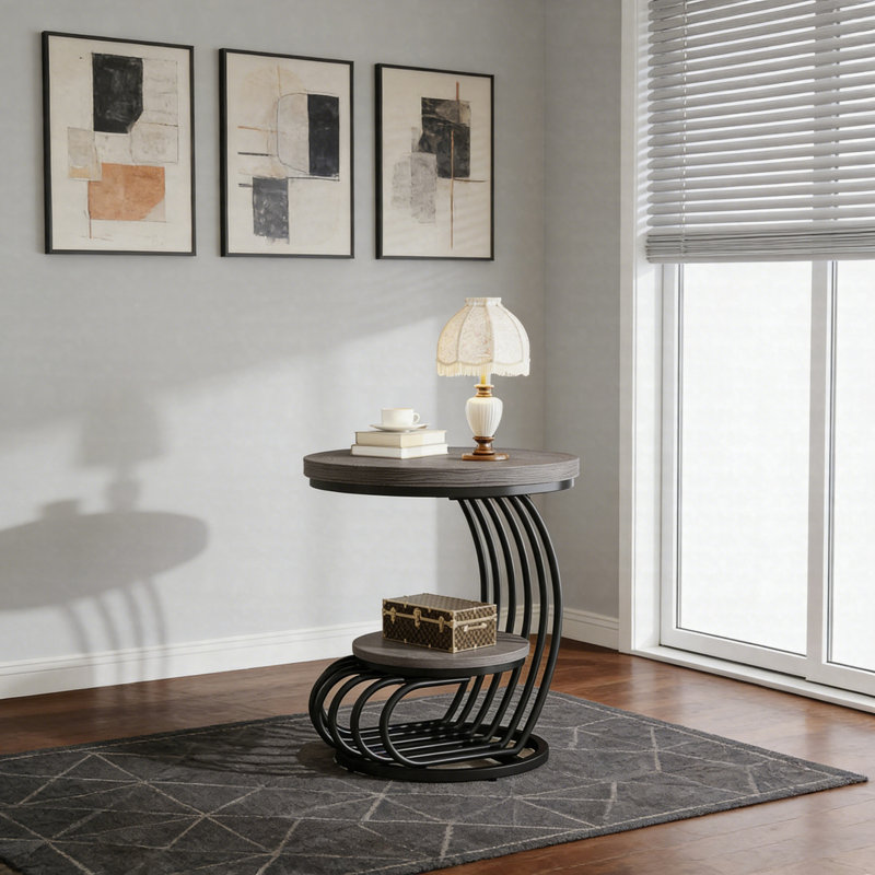 Table de bout ronde à 2 niveaux, table d'appoint en faux marbre avec structure en métal, Grey